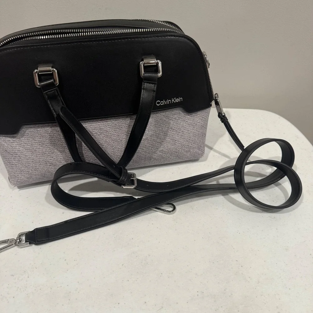 Calvin Klein Jasper Double Compartment Satchel Crossbody Bag Black Grey Career